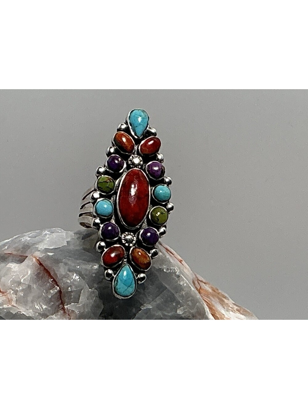 Stabilized Turquoise & Gemstones In 925 Sterling Silver Ring Sz 9.5